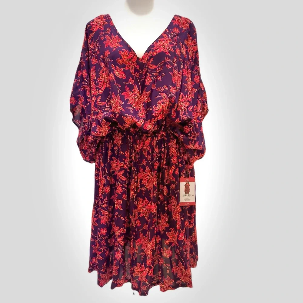NWT Land's End‎ Cover-Up Dress Floral Gathered Waist Short Sleeve Womens XL/XXL
